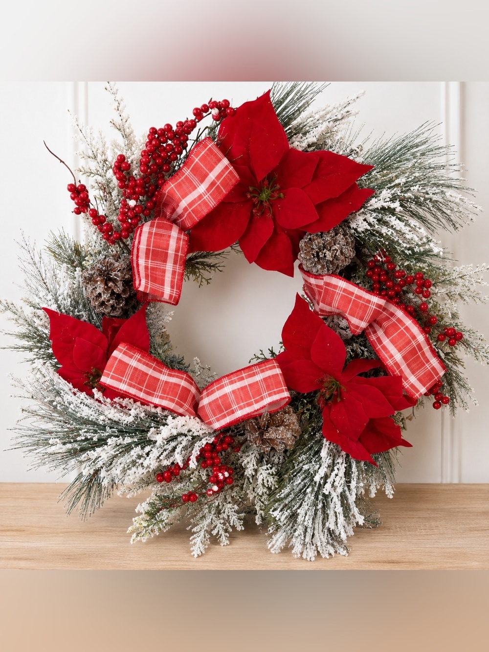 New Large Frosted Poinsettia Christmas Holiday Wreath Red Plaid Ribbon